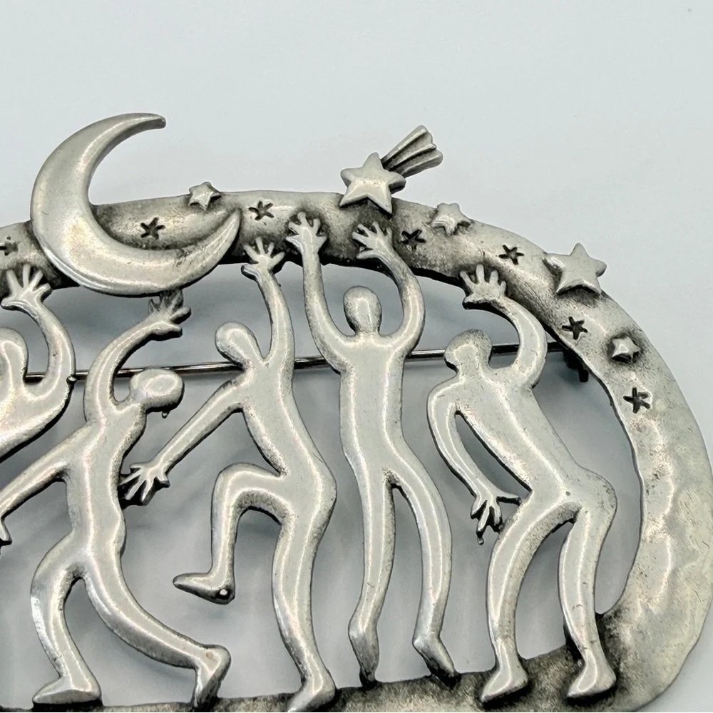JJ Jonette Jewelry Co Pewter Style Tribal Dancers Saturn Moon Star Pin Vintage
